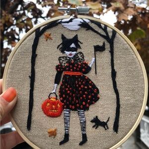 SHE WALKS THE HALLOWEEN WOODS Embroidered Art
